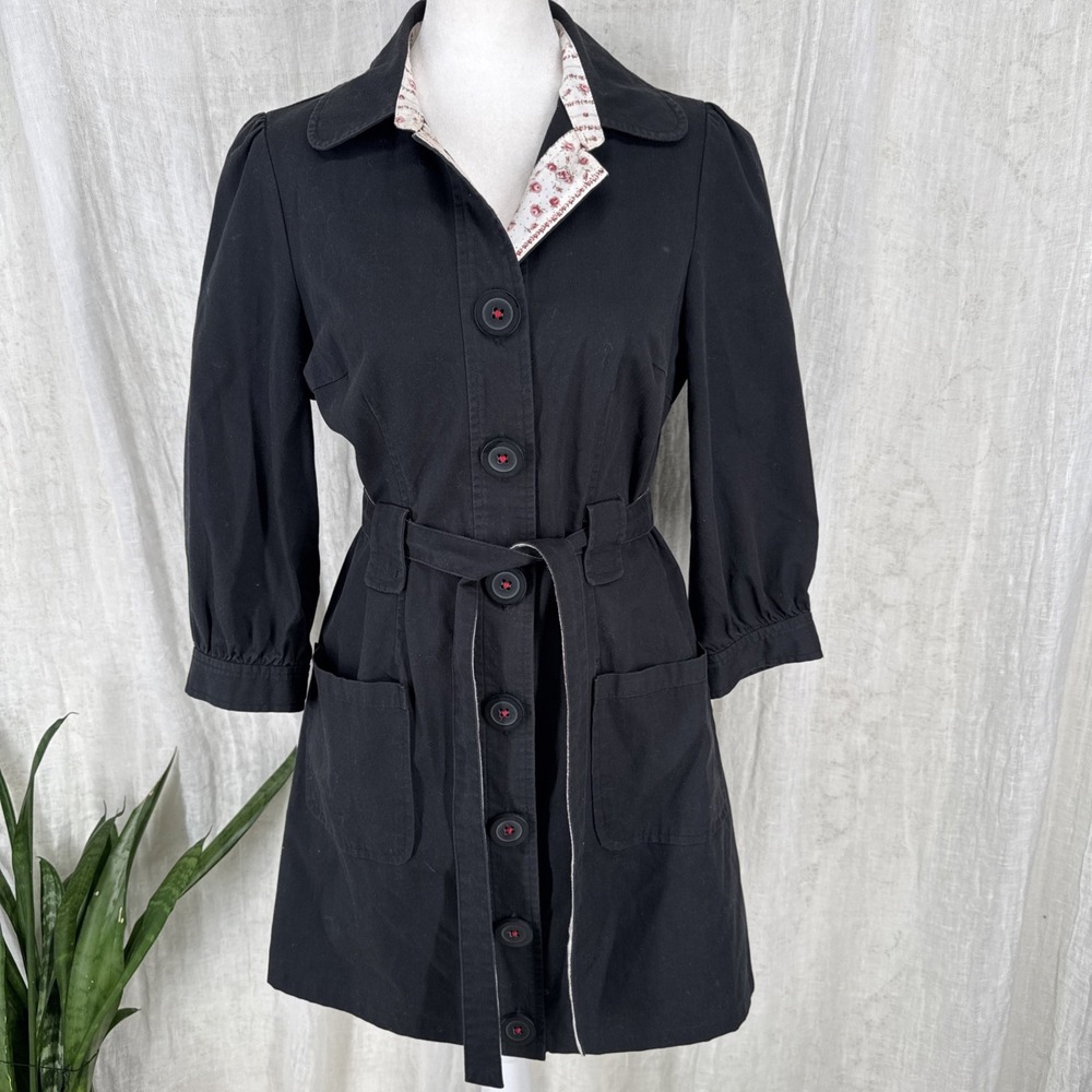 Vtg Y2K Lightweight Trench Jacket S Preppy Academia Twee Belt Fitted 3/4 Sleeves